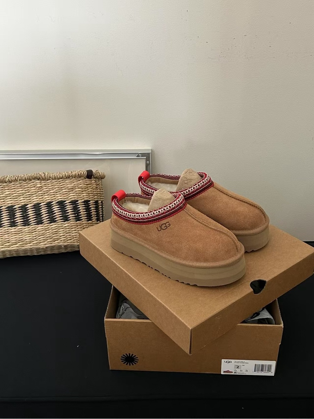 UGG Women's Chestnut Suede Platform Clog with Red Trim - Picture 3 of 3